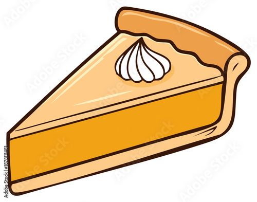 Delicious illustrated slice of classic pumpkin pie with whipped cream topping. Sweet holiday dessert food cartoon art.