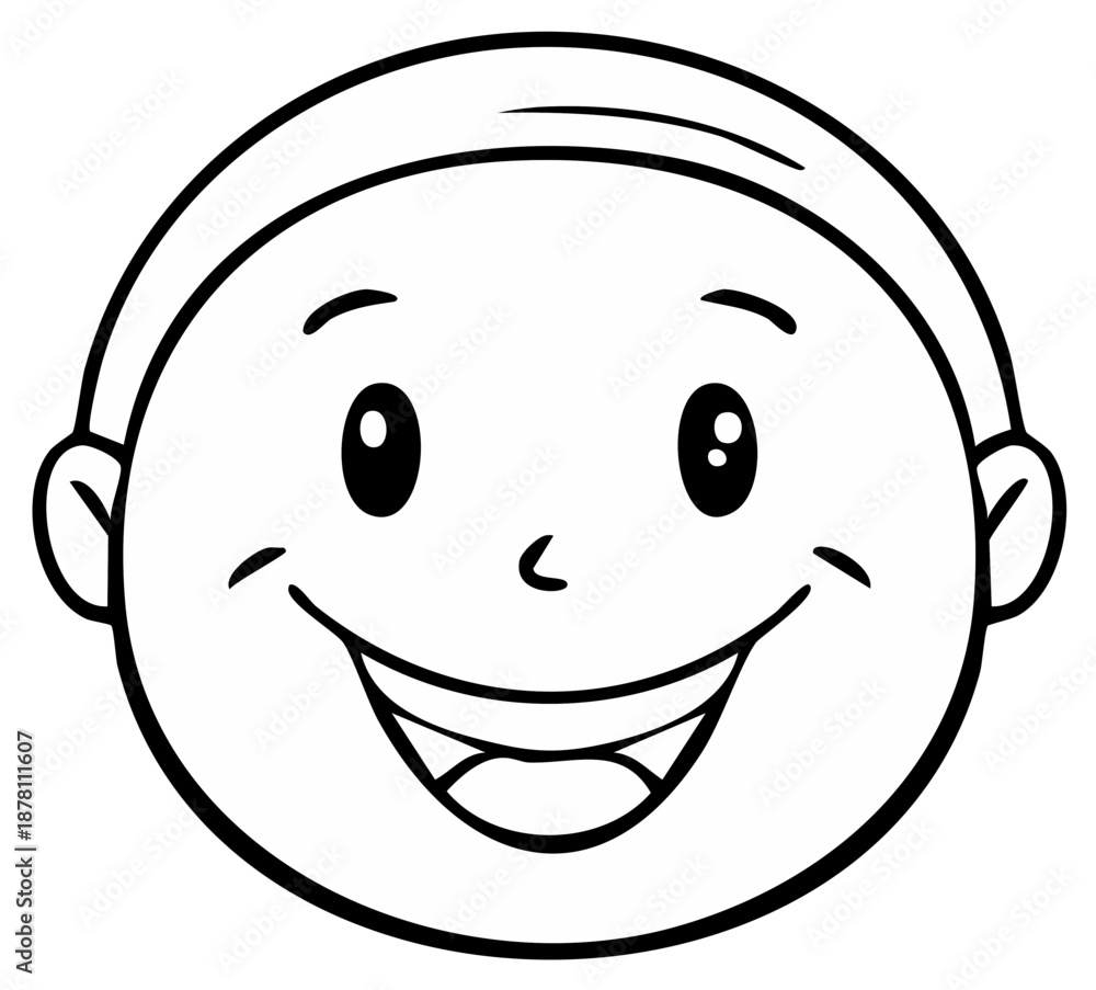 Fototapeta premium Simple line drawing of a happy child's smiling face with open mouth and teeth visible