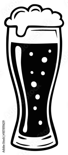 Black and white illustration of a tall glass filled with dark beer and frothy head