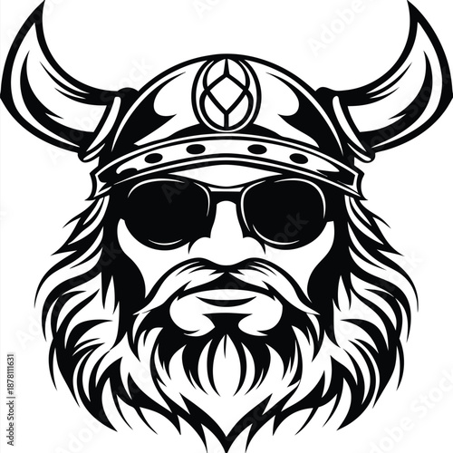 Black silhouette shows a Viking warrior wearing sunglasses and horned helmet looking straight ahead
