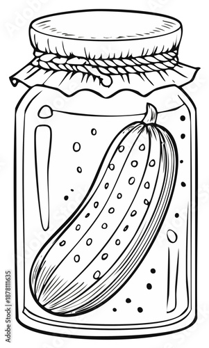 Pickled Cucumber Jar Illustration: Single dill pickle in canning jar with brine, outline drawing
