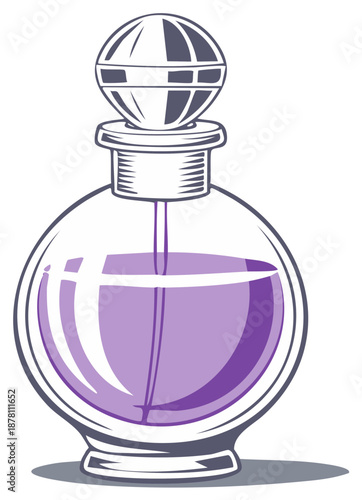 Elegant round glass perfume bottle with purple liquid and decorative stopper illustration