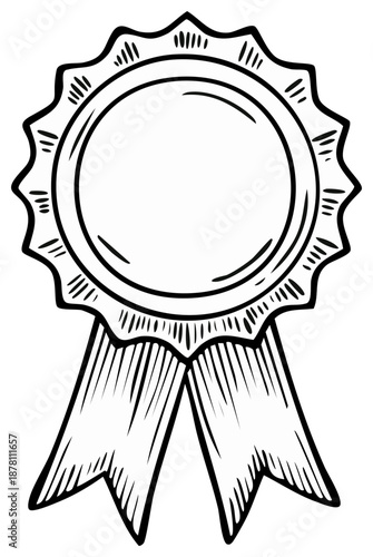 Monochrome illustration of a rosette with ribbons, line art style, vintage emblem and award symbol.