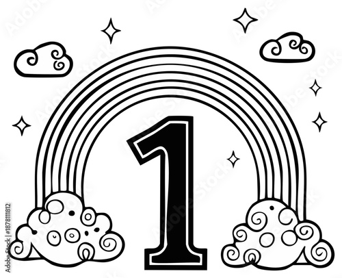 Number One Symbol Rainbow Clouds and Stars Coloring Page Illustration
