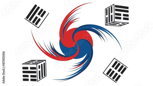 Cargo containers swirling in a dynamic red and blue spiral motion around a central axis viewed from above