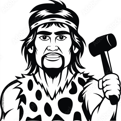 Caveman holding hammer with animal skin shirt, displaying a simple monochrome black and white style