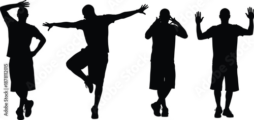 Male silhouette pose collection showing expressive body language, gestures, balance, and movement, black vector illustration set for fitness, dance, lifestyle, and modern stock design