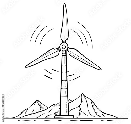Vector sketch illustration of windmill generating energy on mountains, showing sustainable technology, alternative power source, electricity production