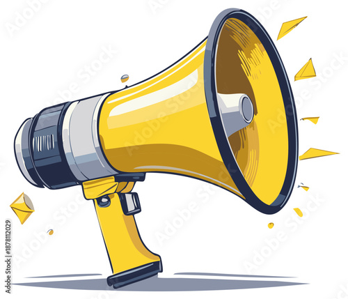 Cartoon-style illustration of a yellow megaphone or loudspeaker, concept of announcement or promotion