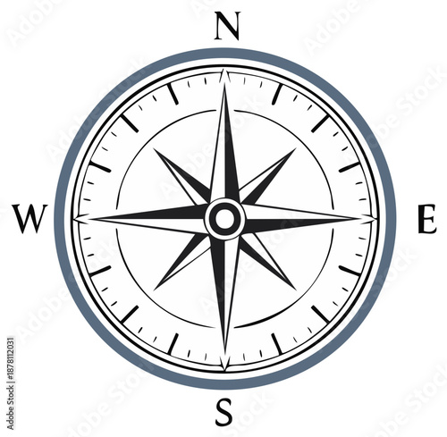 Compass Illustration with Navigation Marks Directional Symbol and Circular Outline on White Background