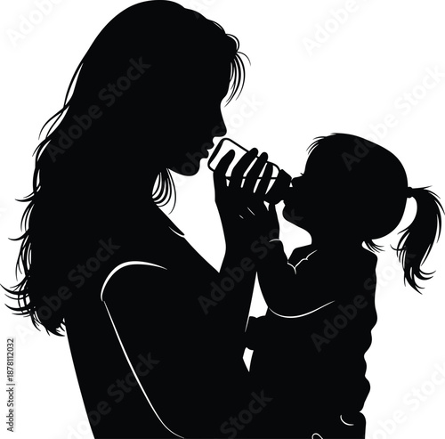 Mother and child drinking water silhouette showing nurturing care, hydration, and family bond, minimalist black vector illustration for parenting, health, and lifestyle design