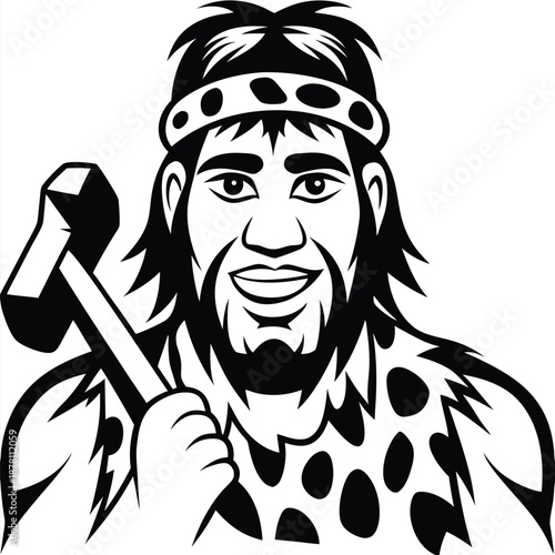 Caveman wearing animal print and holding hammer presents a strong, historic monochrome vector