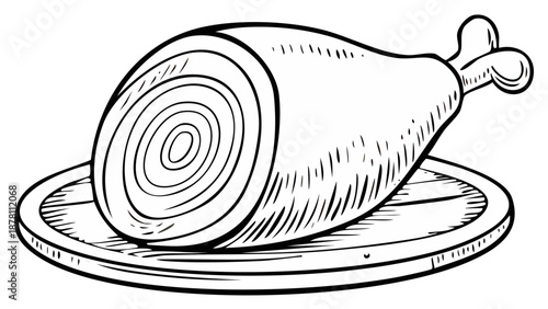 Black and White Drawing of a Ham Hock on a Wooden Board