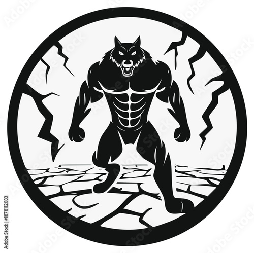 Muscular werewolf creature roaring with fury in a cracked circle illustration