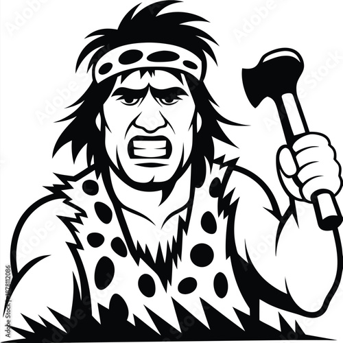 Caveman wielding stone hammer shows aggressive anger while wearing an animal print tunic and headband
