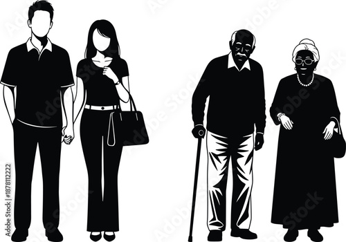 Young and elderly couple silhouettes standing together, showing generational contrast and family relationship concept, black and white vector illustration for social and lifestyle design