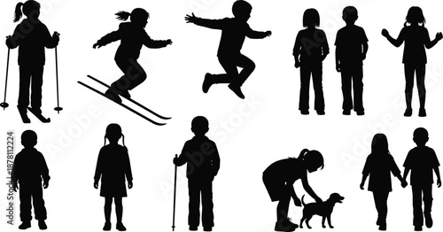 Children silhouette collection showing kids walking, playing, jumping, skiing, holding hands, and caring for pets, black vector illustration set for creative and stock design
