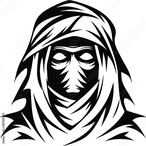 Cloaked figure emerges mysteriously in silhouette, hood drawn tightly around empty eye sockets