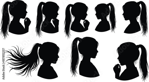 Female ponytail silhouette collection showing profile portraits, thinking poses, and flowing hair motion, minimalist black vector illustration set for design, branding, and stock use
