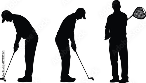 Silhouettes of man playing golf, putting and standing with equipment, representing outdoor sport activity, concentration, leisure lifestyle, professional training, and athletic performance concept.