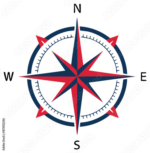 Compass Rose Illustration in Red and Blue with Directions for Navigation and Exploration