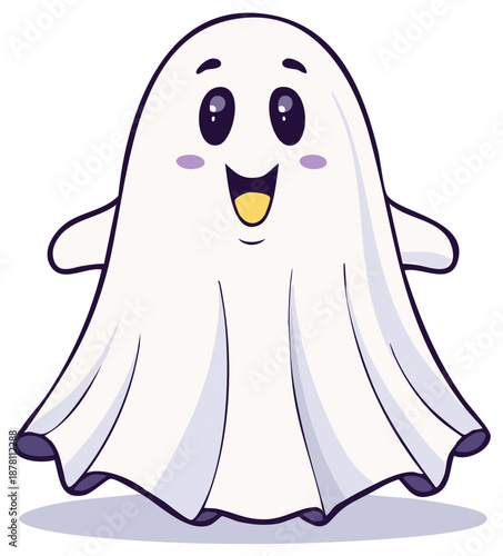 Cute cartoon ghost with big eyes and smiling mouth floating happily
