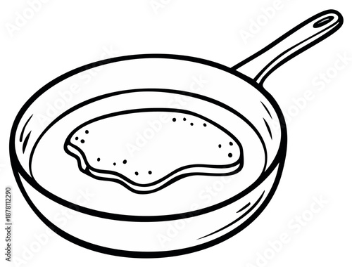 Frying pan illustration with piece of food, cooking preparation sketch