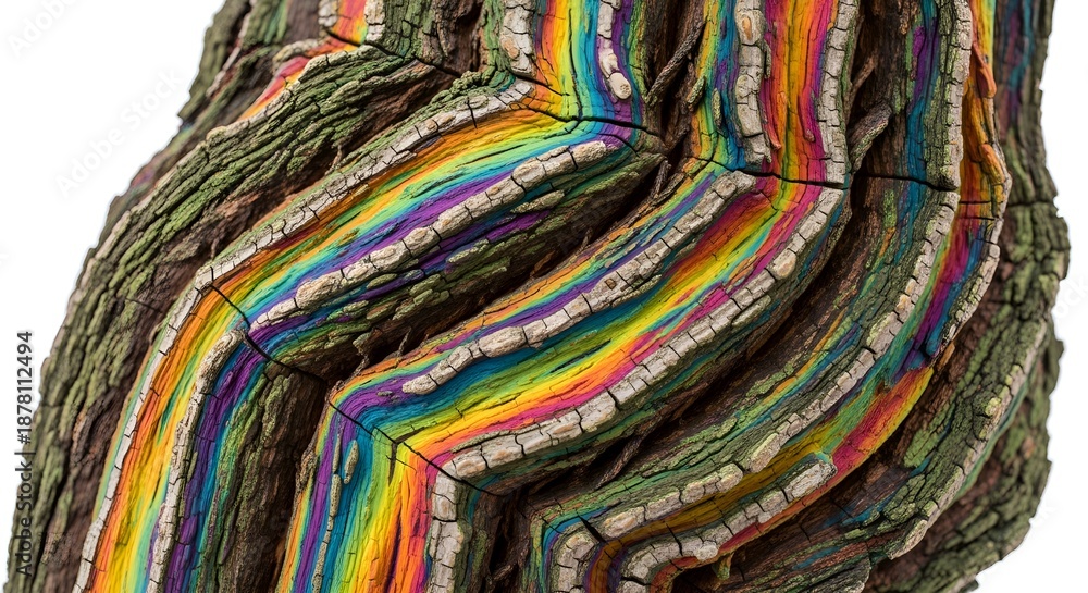 Fototapeta premium Tree Bark Cracks Embellished with a Kaleidoscope of Rainbow Hues, Showcasing an Artistic Intervention on Organic Wood Structure