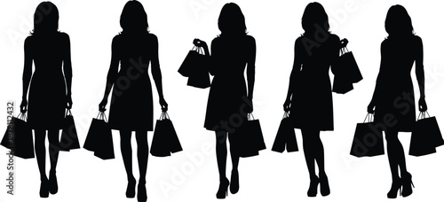 Silhouettes of fashionable woman walking with shopping bags in different poses, representing retail lifestyle, consumer behavior, fashion shopping, sales concept, and modern urban lifestyle.