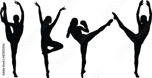 Silhouettes of athletic performers showing dance, yoga balance, and martial arts kick poses, representing flexibility, strength, movement, fitness training, and body control concept.