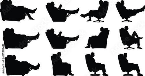 Silhouettes of man relaxing in armchair using tablet, reading, resting, and sitting in different poses, representing leisure time, comfort, lifestyle, and indoor relaxation concept.