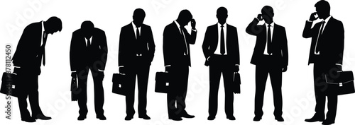Businessman silhouettes in suits showing stress, confidence, phone communication, and professional poses, representing corporate lifestyle, leadership, work pressure, career challenges