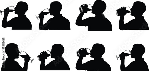 Silhouette sequence of man drinking water, beer, wine, and beverages from glass and bottle, illustrating hydration, refreshment, lifestyle habits, and consumption concept.