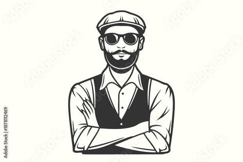 Confident bearded man in vintage cap and sunglasses stands with arms crossed