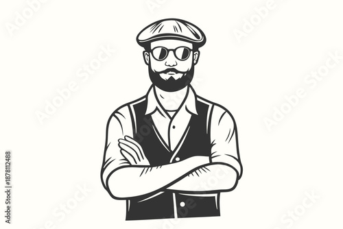 Confident bearded man wearing a cap and vest stands with arms crossed in monochrome