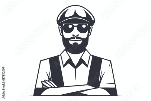 Confident bearded man wearing sunglasses and a cap stands with crossed arms, a monochrome vector