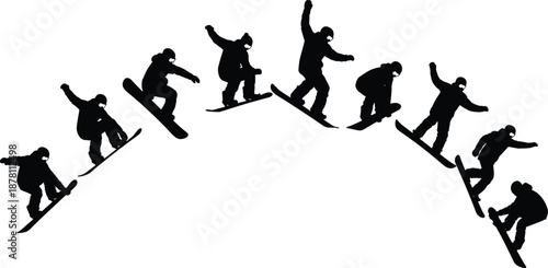 Snowboarder silhouette sequence performing aerial jump trick, showing winter sports action, extreme movement, balance, freestyle snowboarding, and dynamic athletic performance concept.