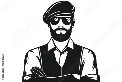 Confident bearded man with sunglasses and beret stands with his arms crossed