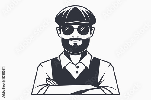 Confident bearded man with sunglasses and flat cap stands with arms crossed in monochrome