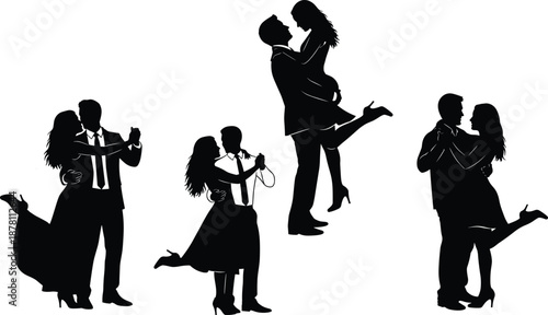 Romantic couple silhouettes dancing and embracing in elegant poses, love and relationship outline illustration for weddings, romance concepts, lifestyle branding, and Valentine design projects