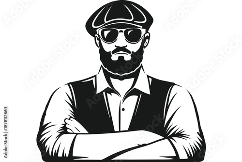 Confident Caucasian man with beard and cap sports sunglasses and folded arms