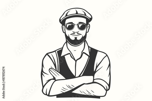 Confident hipster with stylish cap and sunglasses stands crossing his arms across his chest
