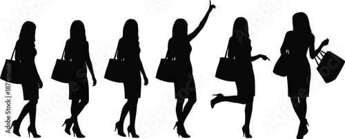 Elegant female shopping silhouettes set with handbag poses, fashionable woman outline illustration for retail, fashion marketing, lifestyle branding, advertising, and modern design projects