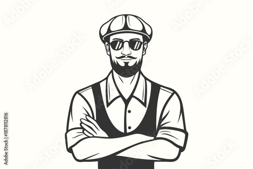 Confident man with a beard and sunglasses stands with crossed arms in monochrome