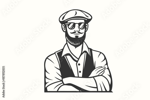Confident man with beard and glasses wearing cap crosses arms, conveying oldfashioned style