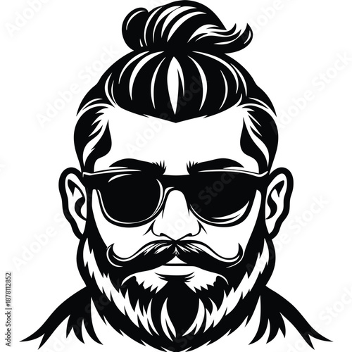 Confident man with beard and mustache wearing sunglasses poses in monochrome look