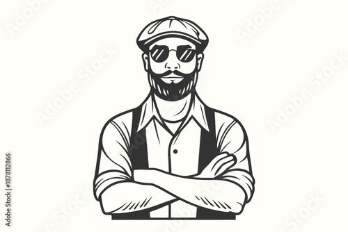 Confident man with sunglasses and cap stands, arms crossed, creating a strong presence