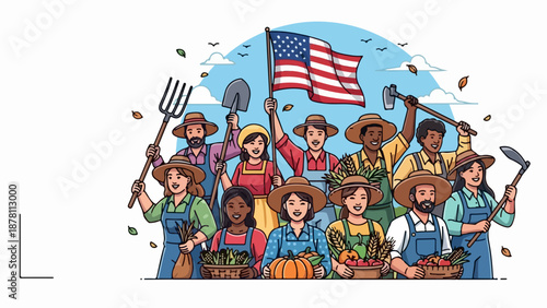 Diverse group of American farmers with harvest and tools. Patriotic agriculture concept with American flag. Vector illustration in cartoon style