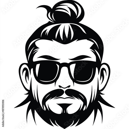 Cool man portrait shows mustache, beard, and top knot in bold black silhouette