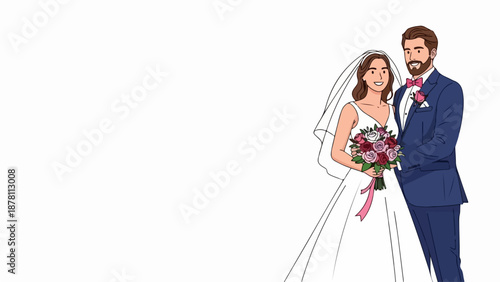 Wedding bride and groom couple. Flat design vector illustration of newlyweds with flower bouquet. Isolated on white background with copy space for text